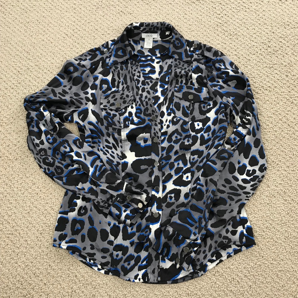 Cache Silk Blend Leopard Animal Print Button Down Shirt Blue Grey Black Medium - Picture 2 of 7